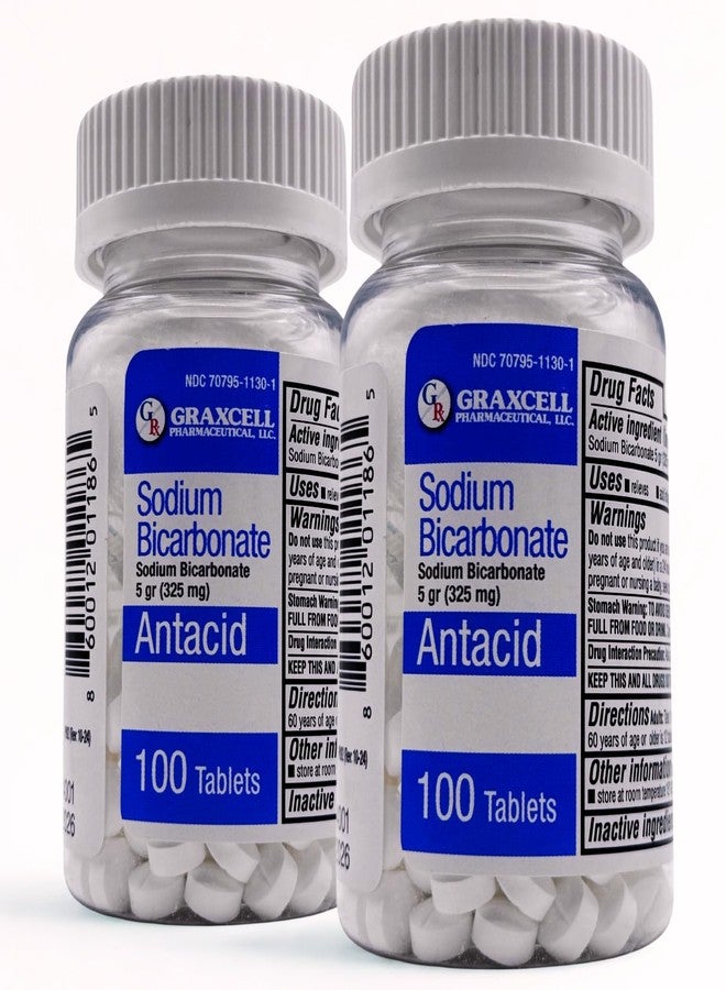 Graxcell Sodium Bicarbonate 325 mg Tablets 100 Count 2bottles (Total 200 Tablets)– Natural Antacid for Heartburn Relief - Image 1